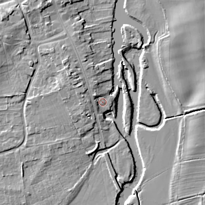 Shaded relief map of the ground around WR101AZ, computed from Environment Agency LiDAR. The ground here sits at about 17 m above sea level and falls 10 m across the surrounding 800 m. Surface water reaching this point runs off ground lying to the north-north-west, 3.7 m higher.