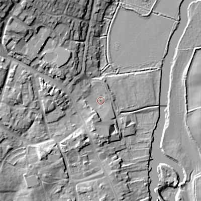 Shaded relief map of the ground around WR101EY, computed from Environment Agency LiDAR. The ground here sits at about 18 m above sea level and falls 21 m across the surrounding 800 m. Surface water reaching this point runs off ground lying to the south-west, 2.9 m higher.