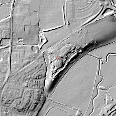 Shaded relief map of the ground around WR101FD, computed from Environment Agency LiDAR. The ground here sits at about 24 m above sea level and falls 14 m across the surrounding 800 m. Surface water reaching this point runs off ground lying to the north-east, 2.1 m higher.
