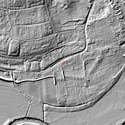 Shaded relief map of the ground around WR101HU, computed from Environment Agency LiDAR. The ground here sits at about 17 m above sea level and falls 13 m across the surrounding 800 m. Surface water reaching this point runs off ground lying to the north-west, 8.1 m higher.