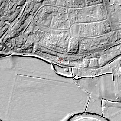 Shaded relief map of the ground around WR101LZ, computed from Environment Agency LiDAR. The ground here sits at about 16 m above sea level and falls 18 m across the surrounding 800 m. Surface water reaching this point runs off ground lying to the north-west, 14.5 m higher.