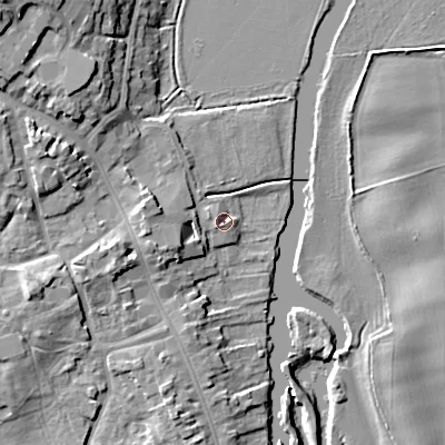 Shaded relief map of the ground around WR101QU, computed from Environment Agency LiDAR. The ground here sits at about 17 m above sea level and falls 15 m across the surrounding 800 m. Surface water reaching this point runs off ground lying to the west-north-west, 2.1 m higher.