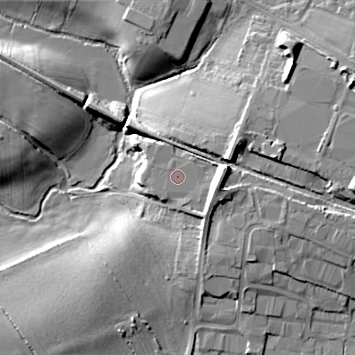 Shaded relief map of the ground around WR102BZ, computed from Environment Agency LiDAR. The ground here sits at about 29 m above sea level and falls 17 m across the surrounding 800 m. Surface water reaching this point runs off ground lying to the east, 6.9 m higher.