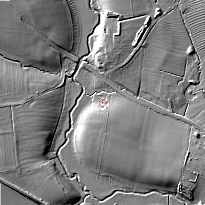 Shaded relief map of the ground around WR102DY, computed from Environment Agency LiDAR. The ground here sits at about 23 m above sea level and falls 12 m across the surrounding 800 m. Surface water reaching this point runs off ground lying to the south-south-east, 4.4 m higher.