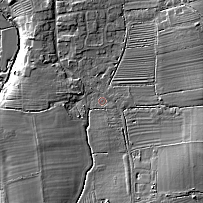 Shaded relief map of the ground around WR102EA, computed from Environment Agency LiDAR. The ground here sits at about 28 m above sea level and falls 14 m across the surrounding 800 m. Surface water reaching this point runs off ground lying to the east-south-east, 7.0 m higher.