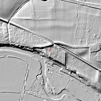 Shaded relief map of the ground around WR102JA, computed from Environment Agency LiDAR. The ground here sits at about 26 m above sea level and falls 15 m across the surrounding 800 m. Surface water reaching this point runs off ground lying to the north-north-east, 5.6 m higher.
