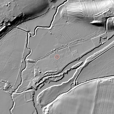 Shaded relief map of the ground around WR102JF, computed from Environment Agency LiDAR. The ground here sits at about 17 m above sea level and falls 11 m across the surrounding 800 m. Surface water reaching this point runs off ground lying to the south-south-east, 0.6 m higher.