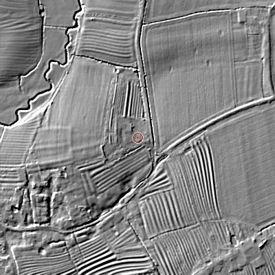 Shaded relief map of the ground around WR102LH, computed from Environment Agency LiDAR. The ground here sits at about 27 m above sea level and falls 8 m across the surrounding 800 m. Surface water reaching this point runs off ground lying to the west, 0.8 m higher.