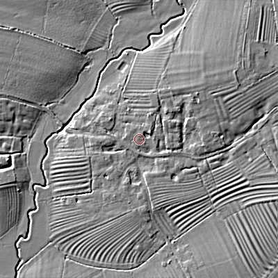Shaded relief map of the ground around WR102LQ, computed from Environment Agency LiDAR. The ground here sits at about 26 m above sea level and falls 7 m across the surrounding 800 m. Surface water reaching this point runs off ground lying to the north-east, 3.6 m higher.
