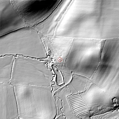 Shaded relief map of the ground around WR102NP, computed from Environment Agency LiDAR. The ground here sits at about 37 m above sea level and falls 22 m across the surrounding 800 m. Surface water reaching this point runs off ground lying to the north-east, 5.8 m higher.