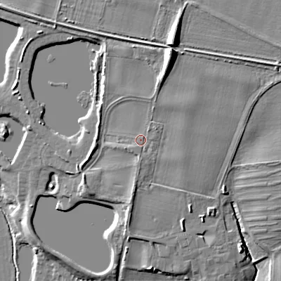 Shaded relief map of the ground around WR102PD, computed from Environment Agency LiDAR. The ground here sits at about 26 m above sea level and falls 15 m across the surrounding 800 m. Surface water reaching this point runs off ground lying to the south, 1.0 m higher.