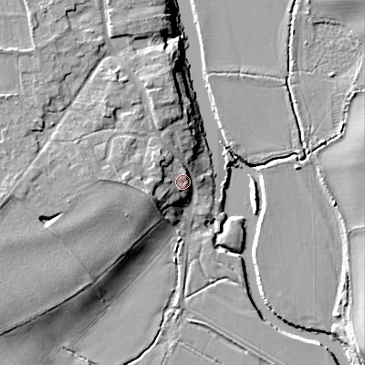 Shaded relief map of the ground around WR102QA, computed from Environment Agency LiDAR. The ground here sits at about 24 m above sea level and falls 12 m across the surrounding 800 m. Surface water reaching this point runs off ground lying to the west-south-west, 7.7 m higher.