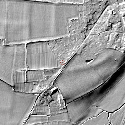 Shaded relief map of the ground around WR102QF, computed from Environment Agency LiDAR. The ground here sits at about 27 m above sea level and falls 11 m across the surrounding 800 m. Surface water reaching this point runs off ground lying to the east-north-east, 1.3 m higher.