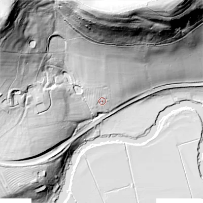 Shaded relief map of the ground around WR102QT, computed from Environment Agency LiDAR. The ground here sits at about 28 m above sea level and falls 90 m across the surrounding 800 m. Surface water reaching this point runs off ground lying to the north, 74.4 m higher.