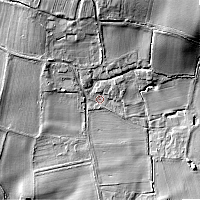 Shaded relief map of the ground around WR103AB, computed from Environment Agency LiDAR. The ground here sits at about 21 m above sea level and falls 20 m across the surrounding 800 m. Surface water reaching this point runs off ground lying to the north-east, 1.8 m higher.