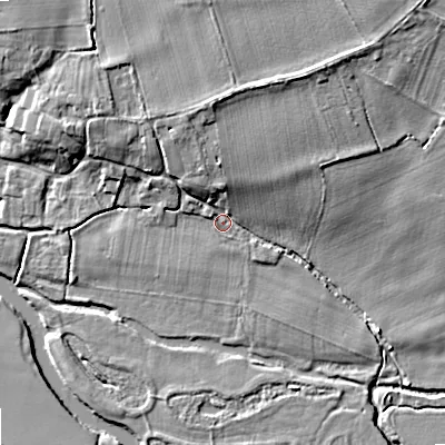 Shaded relief map of the ground around WR103AE, computed from Environment Agency LiDAR. The ground here sits at about 14 m above sea level and falls 9 m across the surrounding 800 m. Surface water reaching this point runs off ground lying to the north, 6.3 m higher.