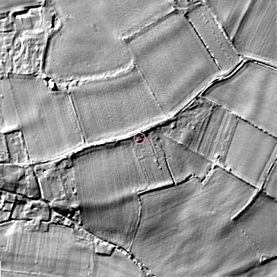 Shaded relief map of the ground around WR103AF, computed from Environment Agency LiDAR. The ground here sits at about 19 m above sea level and falls 10 m across the surrounding 800 m. Surface water reaching this point runs off ground lying to the north-north-east, 1.4 m higher.