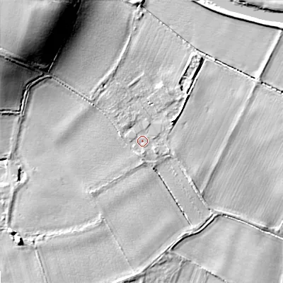 Shaded relief map of the ground around WR103AG, computed from Environment Agency LiDAR. The ground here sits at about 19 m above sea level and falls 22 m across the surrounding 800 m. Surface water reaching this point runs off ground lying to the north-west, 15.1 m higher.