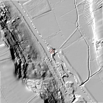 Shaded relief map of the ground around WR103BQ, computed from Environment Agency LiDAR. The ground here sits at about 12 m above sea level and falls 40 m across the surrounding 800 m. Surface water reaching this point runs off ground lying to the west-south-west, 37.2 m higher.