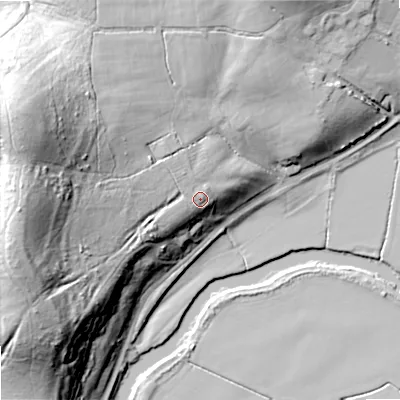 Shaded relief map of the ground around WR103BX, computed from Environment Agency LiDAR. The ground here sits at about 29 m above sea level and falls 43 m across the surrounding 800 m. Surface water reaching this point runs off ground lying to the west-south-west, 25.2 m higher.