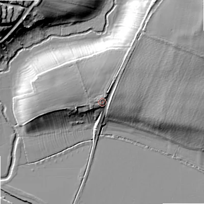Shaded relief map of the ground around WR103DB, computed from Environment Agency LiDAR. The ground here sits at about 20 m above sea level and falls 19 m across the surrounding 800 m. Surface water reaching this point runs off ground lying to the north-north-east, 3.9 m higher.