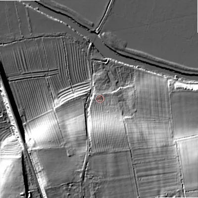 Shaded relief map of the ground around WR103DD, computed from Environment Agency LiDAR. The ground here sits at about 16 m above sea level and falls 27 m across the surrounding 800 m. Surface water reaching this point runs off ground lying to the south, 12.3 m higher.