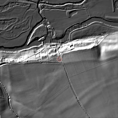Shaded relief map of the ground around WR103DJ, computed from Environment Agency LiDAR. The ground here sits at about 28 m above sea level and falls 37 m across the surrounding 800 m. Surface water reaching this point runs off ground lying to the south-east, 18.4 m higher.
