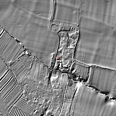 Shaded relief map of the ground around WR103EH, computed from Environment Agency LiDAR. The ground here sits at about 31 m above sea level and falls 12 m across the surrounding 800 m. Surface water reaching this point runs off ground lying to the south-east, 3.8 m higher.
