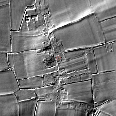 Shaded relief map of the ground around WR103HB, computed from Environment Agency LiDAR. The ground here sits at about 20 m above sea level and falls 8 m across the surrounding 800 m. Surface water reaching this point runs off ground lying to the east-north-east, 2.2 m higher.