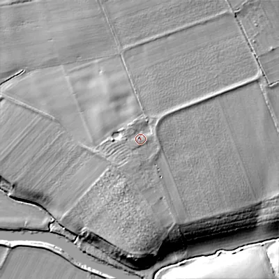 Shaded relief map of the ground around WR103HD, computed from Environment Agency LiDAR. The ground here sits at about 24 m above sea level and falls 14 m across the surrounding 800 m. Surface water reaching this point runs off ground lying to the east-north-east, 1.2 m higher.