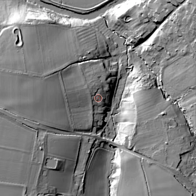 Shaded relief map of the ground around WR103JX, computed from Environment Agency LiDAR. The ground here sits at about 29 m above sea level and falls 25 m across the surrounding 800 m. Surface water reaching this point runs off ground lying to the west-north-west, 4.4 m higher.