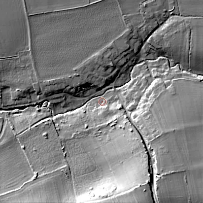 Shaded relief map of the ground around WR103LJ, computed from Environment Agency LiDAR. The ground here sits at about 23 m above sea level and falls 32 m across the surrounding 800 m. Surface water reaching this point runs off ground lying to the south-south-east, 29.8 m higher.