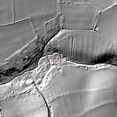 Shaded relief map of the ground around WR103LN, computed from Environment Agency LiDAR. The ground here sits at about 25 m above sea level and falls 24 m across the surrounding 800 m. Surface water reaching this point runs off ground lying to the south, 22.2 m higher.