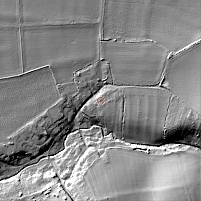 Shaded relief map of the ground around WR103LQ, computed from Environment Agency LiDAR. The ground here sits at about 29 m above sea level and falls 19 m across the surrounding 800 m. Surface water reaching this point runs off ground lying to the east, 2.6 m higher.