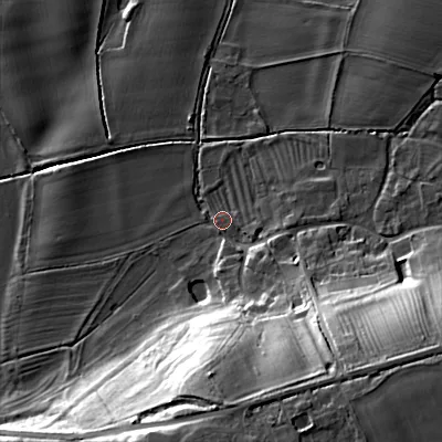 Shaded relief map of the ground around WR103NS, computed from Environment Agency LiDAR. The ground here sits at about 17 m above sea level and falls 28 m across the surrounding 800 m. Surface water reaching this point runs off ground lying to the south-south-east, 25.8 m higher.