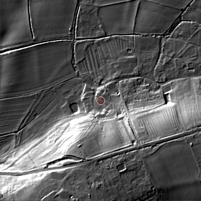 Shaded relief map of the ground around WR103NT, computed from Environment Agency LiDAR. The ground here sits at about 21 m above sea level and falls 30 m across the surrounding 800 m. Surface water reaching this point runs off ground lying to the south, 23.6 m higher.