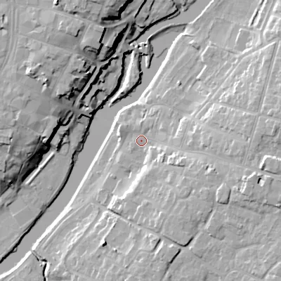 Shaded relief map of the ground around WR111AN, computed from Environment Agency LiDAR. The ground here sits at about 24 m above sea level and falls 21 m across the surrounding 800 m. Surface water reaching this point runs off ground lying to the east-south-east, 10.6 m higher.