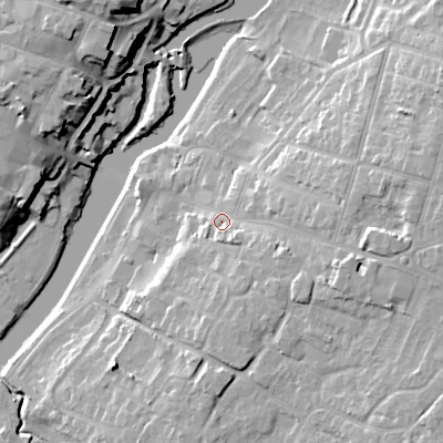 Shaded relief map of the ground around WR111AW, computed from Environment Agency LiDAR. The ground here sits at about 26 m above sea level and falls 20 m across the surrounding 800 m. Surface water reaching this point runs off ground lying to the east, 8.8 m higher.