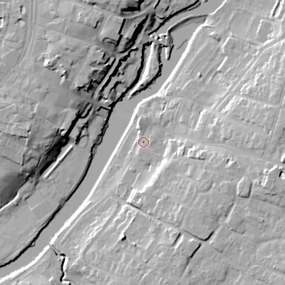 Shaded relief map of the ground around WR111BS, computed from Environment Agency LiDAR. The ground here sits at about 23 m above sea level and falls 20 m across the surrounding 800 m. Surface water reaching this point runs off ground lying to the east, 10.5 m higher.