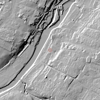 Shaded relief map of the ground around WR111BT, computed from Environment Agency LiDAR. The ground here sits at about 23 m above sea level and falls 19 m across the surrounding 800 m. Surface water reaching this point runs off ground lying to the east-south-east, 8.4 m higher.