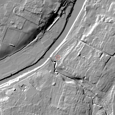 Shaded relief map of the ground around WR111BU, computed from Environment Agency LiDAR. The ground here sits at about 23 m above sea level and falls 15 m across the surrounding 800 m. Surface water reaching this point runs off ground lying to the east-south-east, 8.2 m higher.