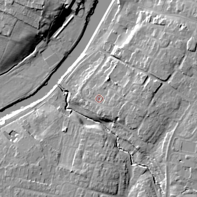 Shaded relief map of the ground around WR111BX, computed from Environment Agency LiDAR. The ground here sits at about 27 m above sea level and falls 15 m across the surrounding 800 m. Surface water reaching this point runs off ground lying to the east-south-east, 3.0 m higher.