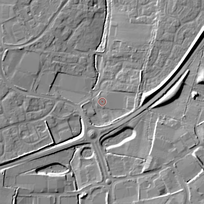 Shaded relief map of the ground around WR111DJ, computed from Environment Agency LiDAR. The ground here sits at about 29 m above sea level and falls 13 m across the surrounding 800 m. Surface water reaching this point runs off ground lying to the north-east, 7.5 m higher.