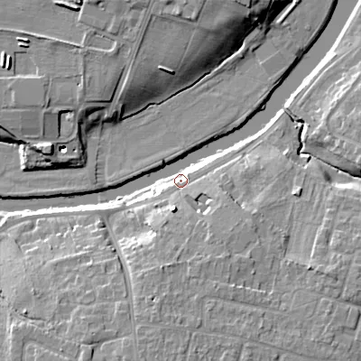 Shaded relief map of the ground around WR111JU, computed from Environment Agency LiDAR. The ground here sits at about 23 m above sea level and falls 12 m across the surrounding 800 m. Surface water reaching this point runs off ground lying to the south, 11.3 m higher.
