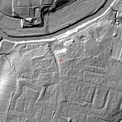 Shaded relief map of the ground around WR111LA, computed from Environment Agency LiDAR. The ground here sits at about 29 m above sea level and falls 14 m across the surrounding 800 m. Surface water reaching this point runs off ground lying to the south, 4.1 m higher.