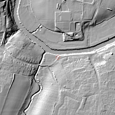 Shaded relief map of the ground around WR112GG, computed from Environment Agency LiDAR. The ground here sits at about 23 m above sea level and falls 19 m across the surrounding 800 m. Surface water reaching this point runs off ground lying to the south-east, 12.0 m higher.