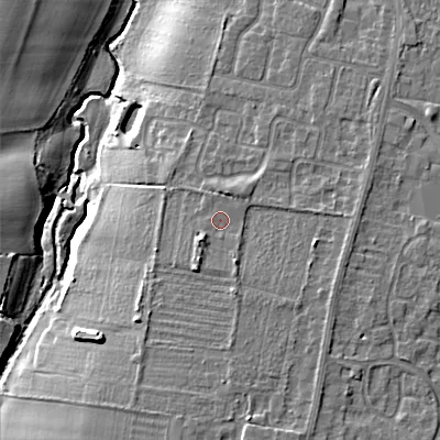 Shaded relief map of the ground around WR112LL, computed from Environment Agency LiDAR. The ground here sits at about 32 m above sea level and falls 15 m across the surrounding 800 m. Surface water reaching this point runs off ground lying to the south, 3.3 m higher.