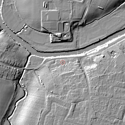 Shaded relief map of the ground around WR112LT, computed from Environment Agency LiDAR. The ground here sits at about 24 m above sea level and falls 13 m across the surrounding 800 m. Surface water reaching this point runs off ground lying to the south-east, 5.4 m higher.