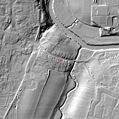 Shaded relief map of the ground around WR112LU, computed from Environment Agency LiDAR. The ground here sits at about 28 m above sea level and falls 17 m across the surrounding 800 m. Surface water reaching this point runs off ground lying to the north-west, 4.5 m higher.