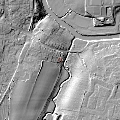 Shaded relief map of the ground around WR112ND, computed from Environment Agency LiDAR. The ground here sits at about 26 m above sea level and falls 15 m across the surrounding 800 m. Surface water reaching this point runs off ground lying to the west-north-west, 7.4 m higher.